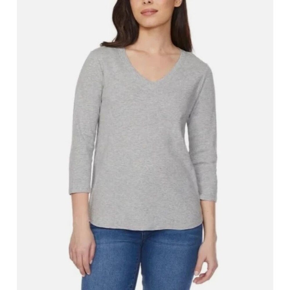 Kirkland Signature Slub V Neck Tee Gray 3/4 Sleeve Women’s Medium Top